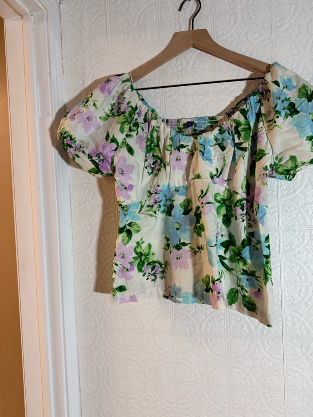 Old Navy Cream Floral Off-Shoulder Puff Sleeve Top with Blue & Lavender Blooms